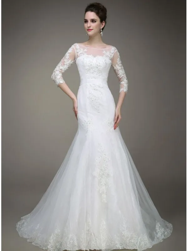 Abito da Sposa Online Semplice Accollato con Maniche di pizzo