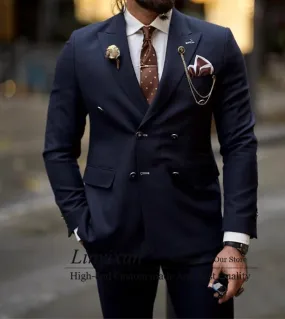 Abito da uomo blu navy Giacca da uomo con risvolto a punta Giacca doppio petto Slim Fit Smoking da sposo Terno Masculino 2 pezzi