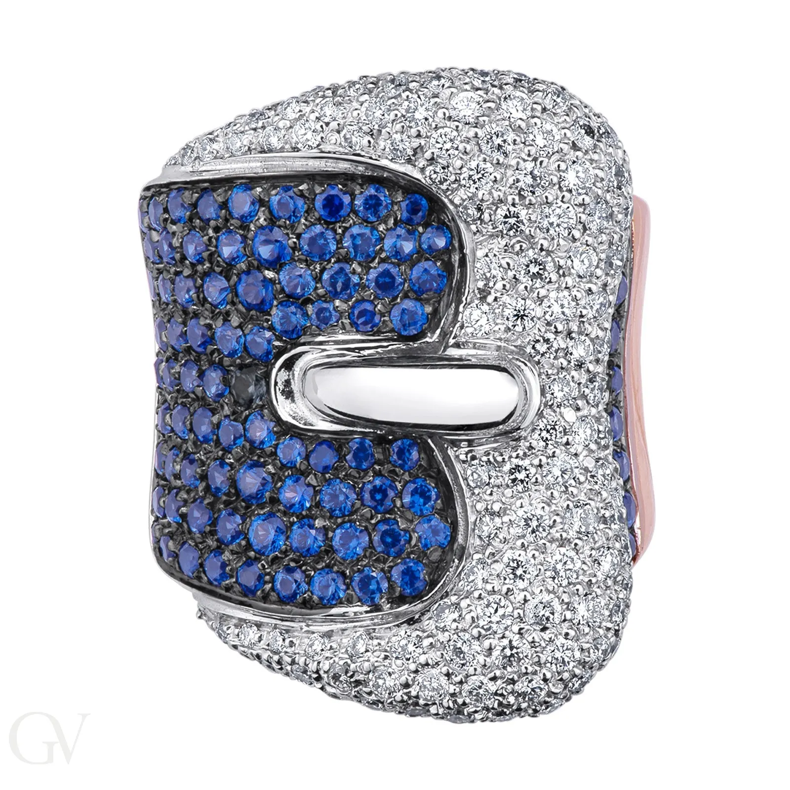 Anello Fibbia in Oro Bianco e Rosa 18k con Diamanti e Zaffiri blu