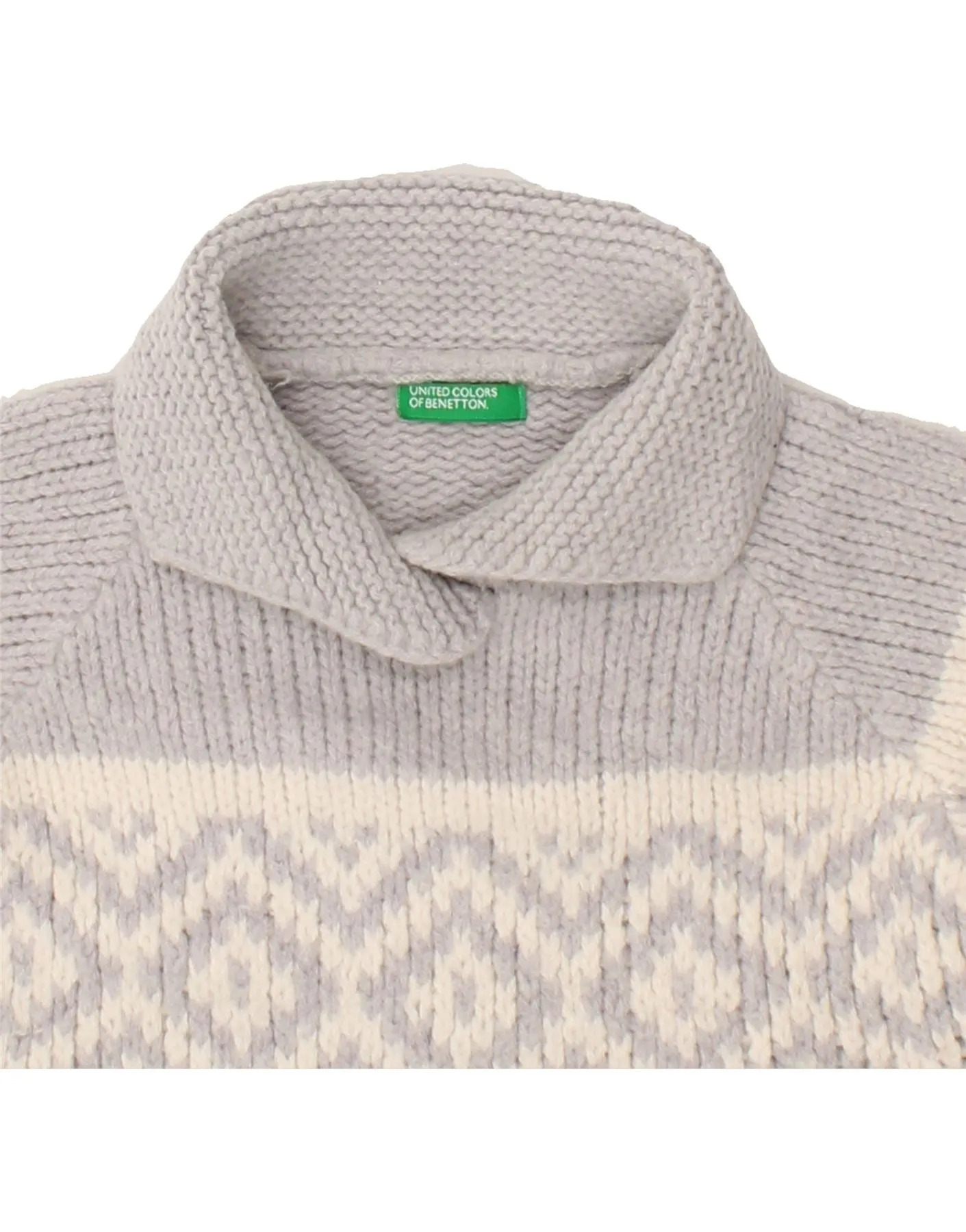 BENETTON Womens Crop Polo Neck Jumper Sweater IT 44 Medium Grey Fair Isle