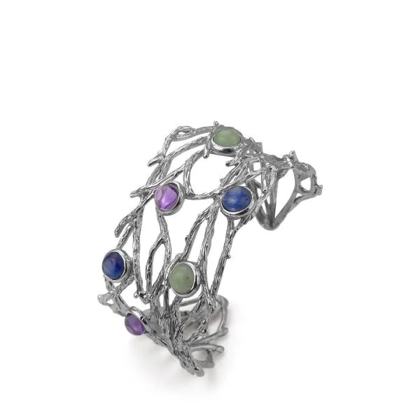 Bracciale a fascia con cabochon di ametista, cianite blu e avventurina verde    