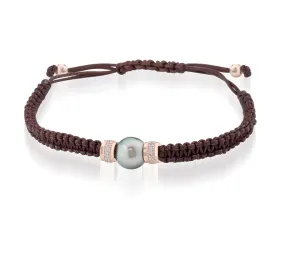 Bracciale cordino marrone cinnamon argento rosa zirconi perla Tahiti