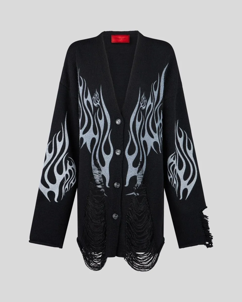 CARDIGAN NERO CON FIAMME TRIBALI BIANCHE