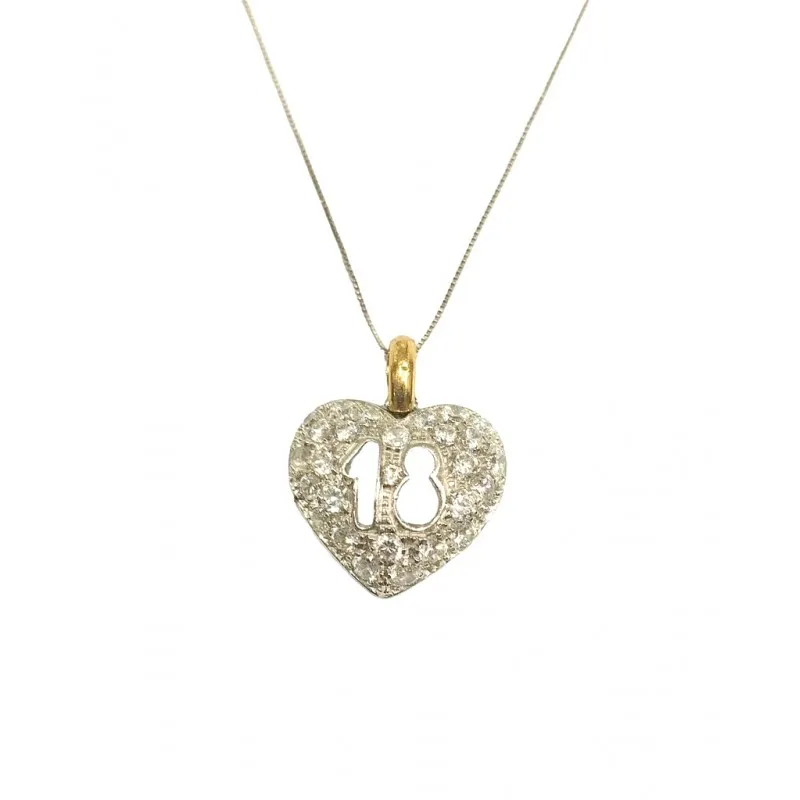 COLLANA CUORE IN ORO BIANCO E GIALLO 18 KT NUMERO 18 CON ZIRCONI