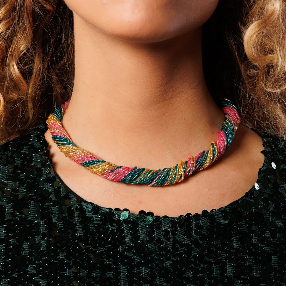 Collana Millefili Conterie Verde, Fucsia, Oro