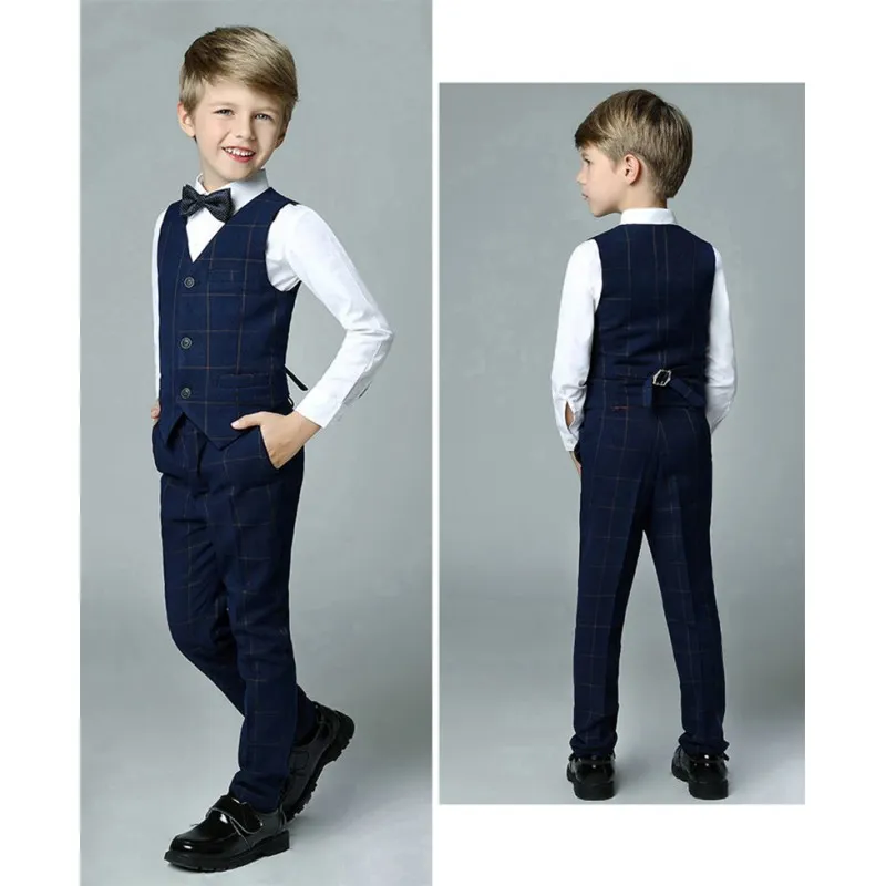 Completo cerimonia bambino / ragazzo 4 pezzi blu a quadri 100-170cm