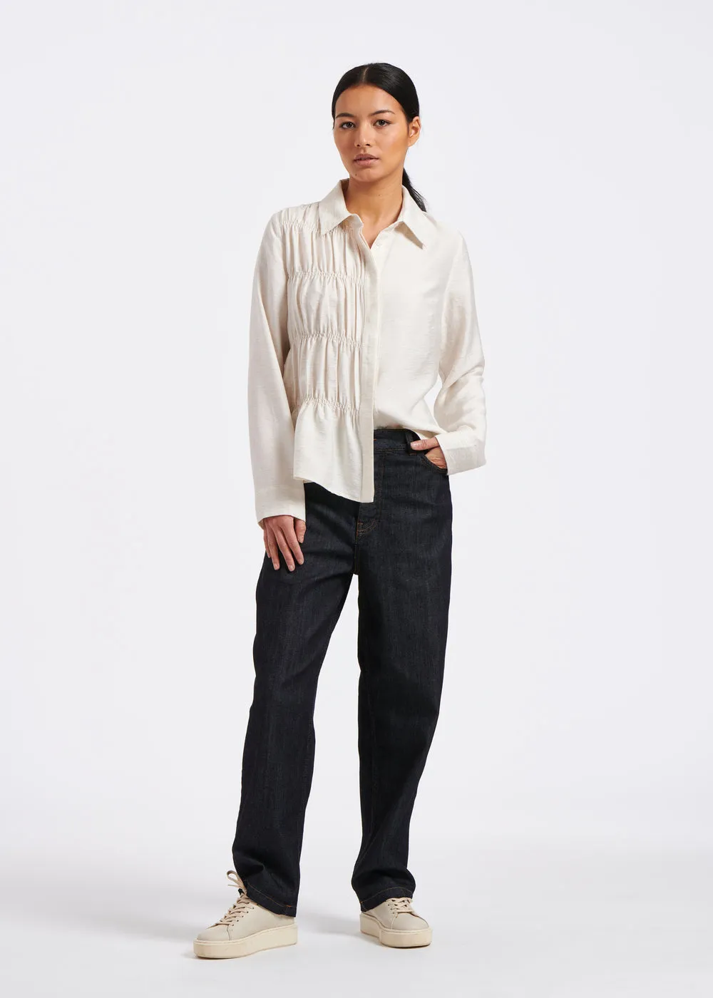 Ecru gathered viscose linen shirt
