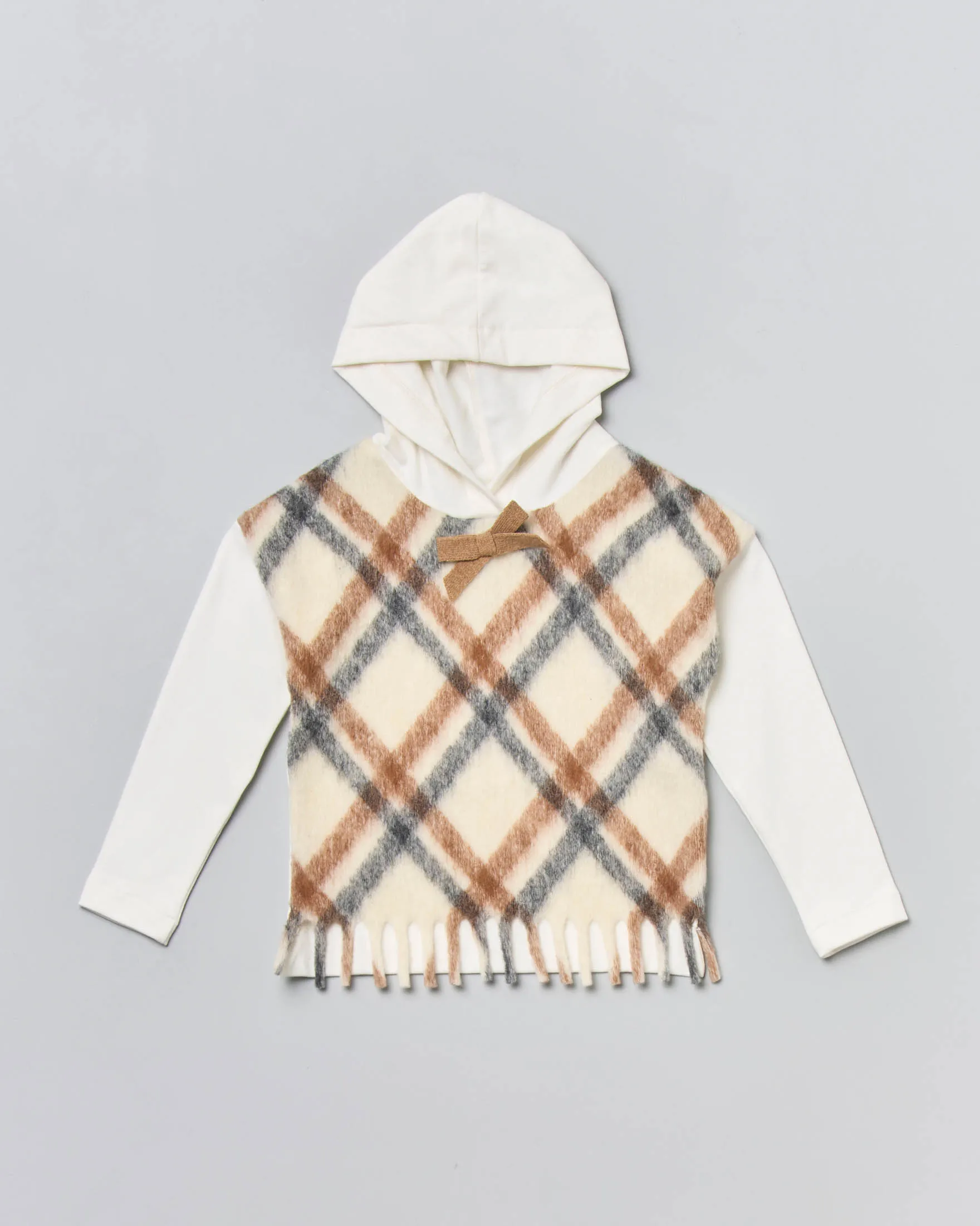 Felpa bianca con cappuccio e inserto gilet in lana avorio con check grigi e marroni 4-8 anni