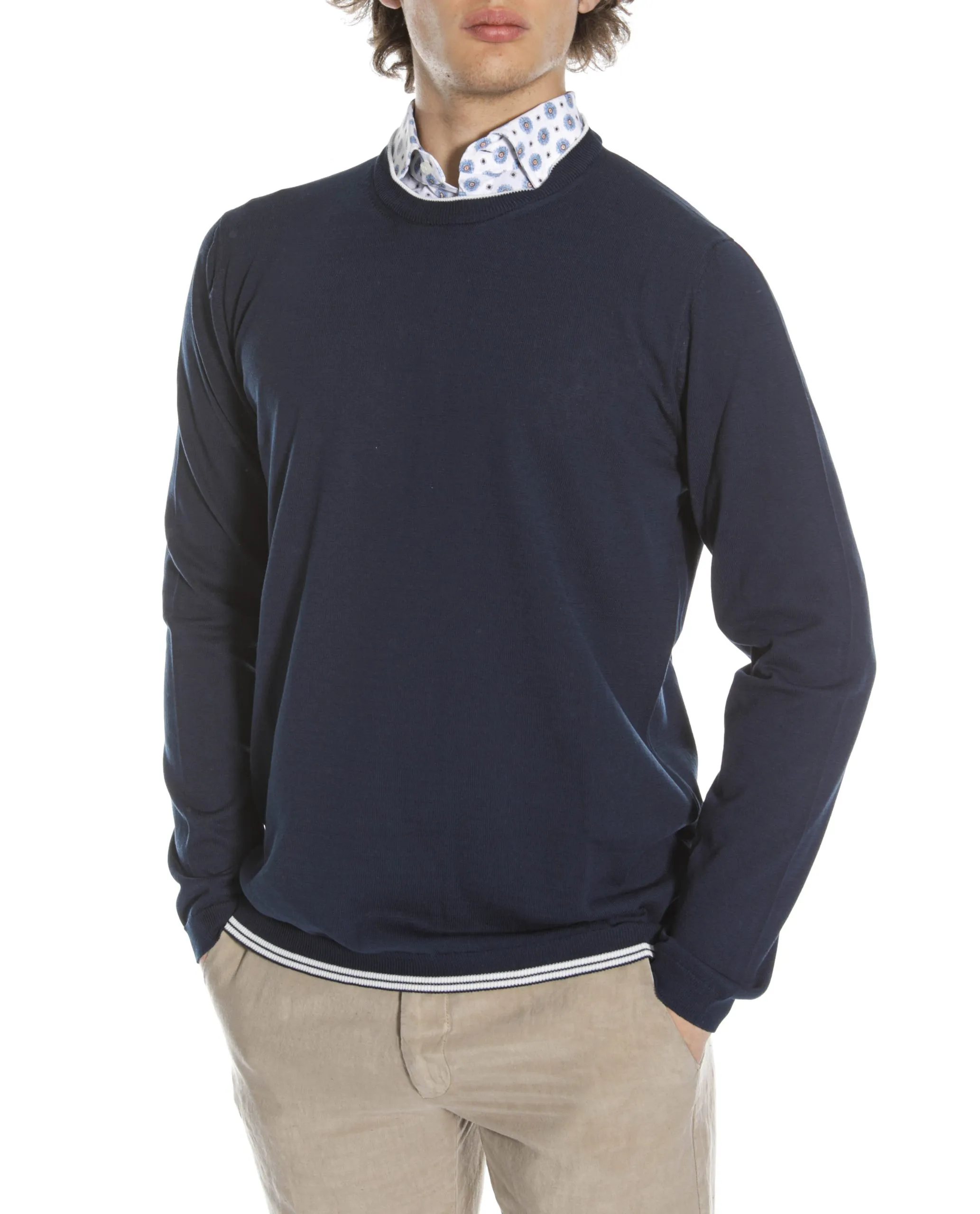 Girocollo in frisè di cotone blu navy con bordino in contrasto  |  MASQ