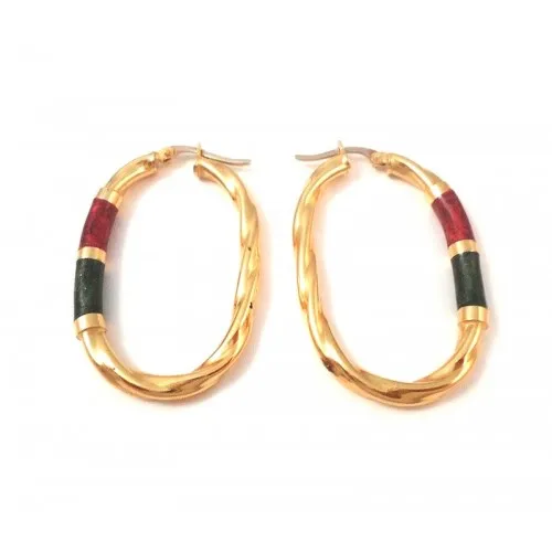 ORECCHINI CERCHI OVALI TORCHON IN ORO GIALLO 18 KT SMALTO VERDE E CILIEGIA