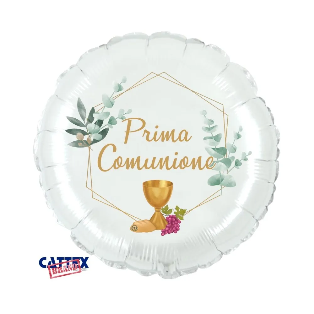 Pallone comunione in mylarmisure: 35 cmColore: verde, oro e bianco