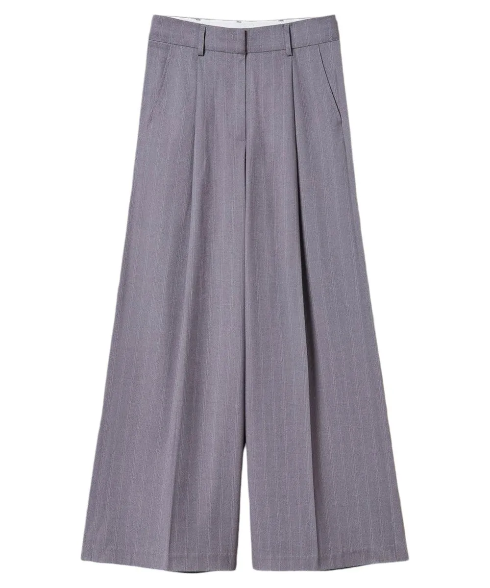 Pantaloni Wide Leg Gessati con Risvolto